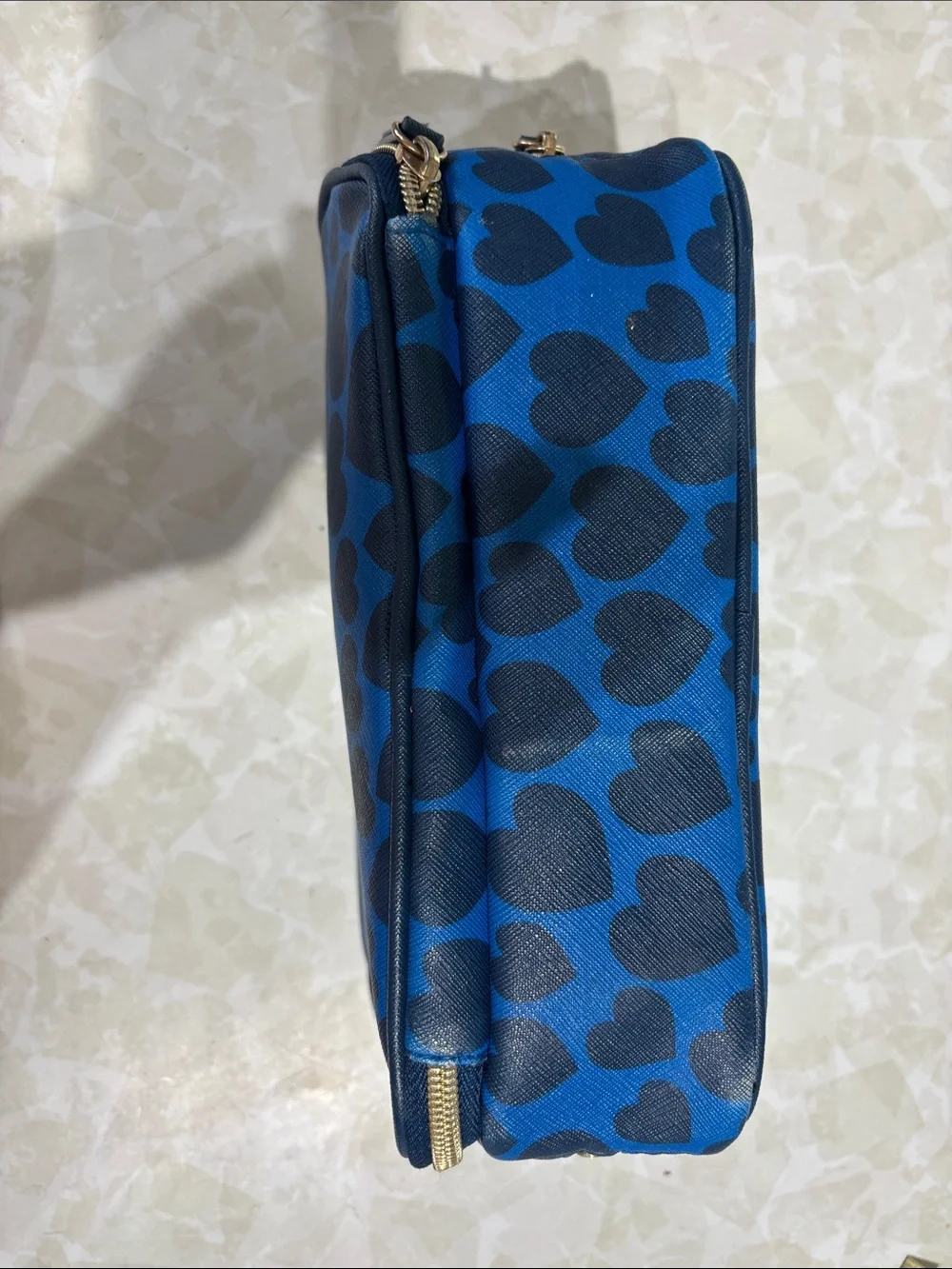 Dabney Lee Multiple Compartment Blue Cosmetic Pouch with Navy Heart Print